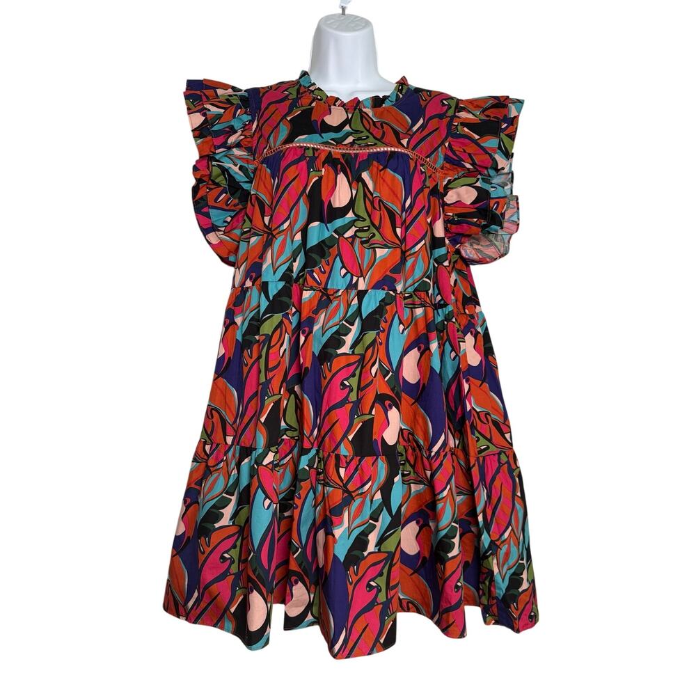 Palms Away by Red Dress Tropical Print Ruffle Tiered Dress Flutter Sleeve LARGE